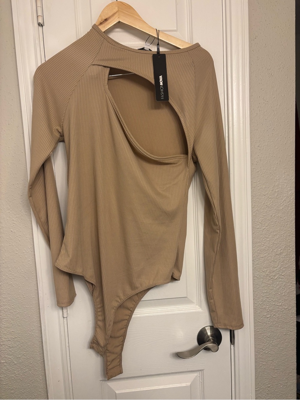 Fashion Nova Beige Ribbed Long-Sleeve Cutout Bodysuit